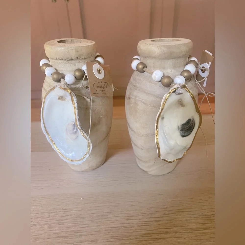 MUD PIE Paulownia Wooden Vases & Oyster Shell Tassel LOT OF 2 For Dried Flowers